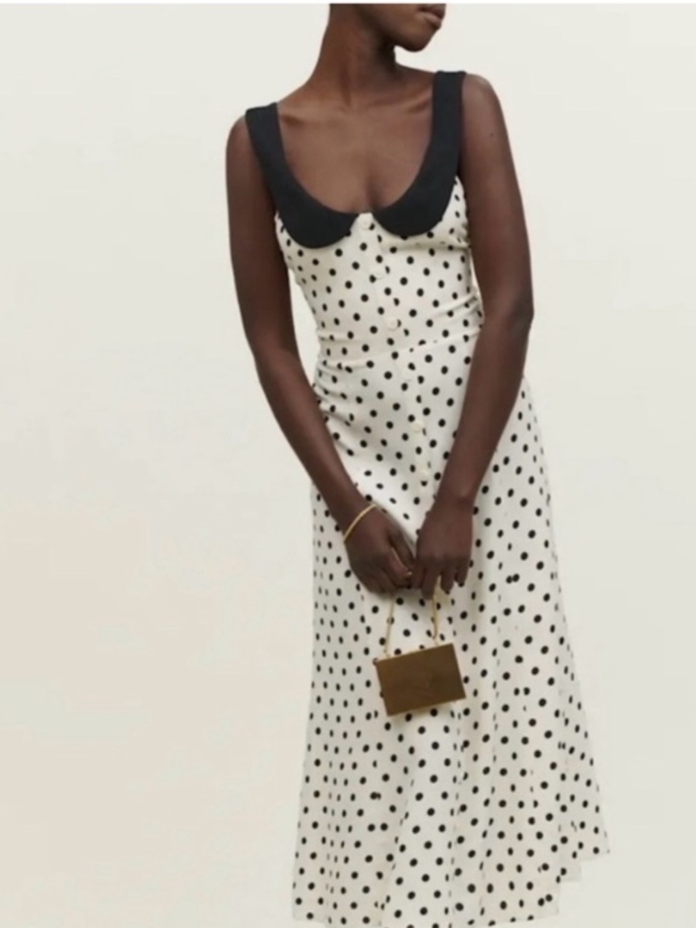 Reformation Charlie Polka Dot Midi Dress with Contrasting Black Collar, sz 4